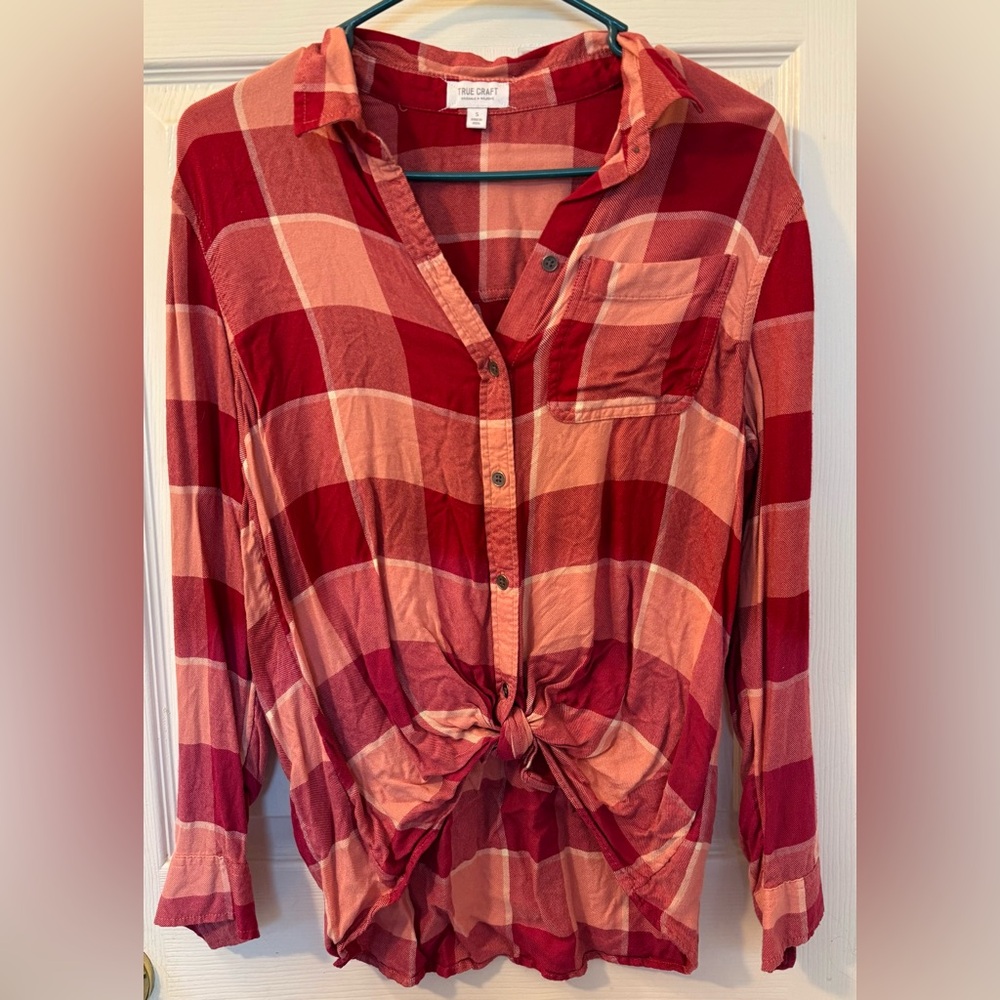 True Craft Red and Peach Plaid Tie-Front Button-Down Shirt